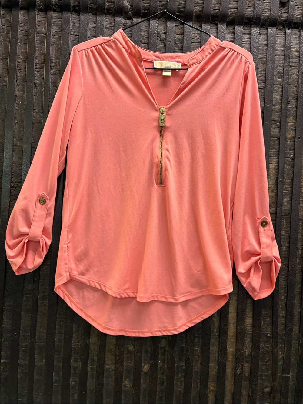 Michael Kors Coral Half-Zip Roll-Tab Blouse